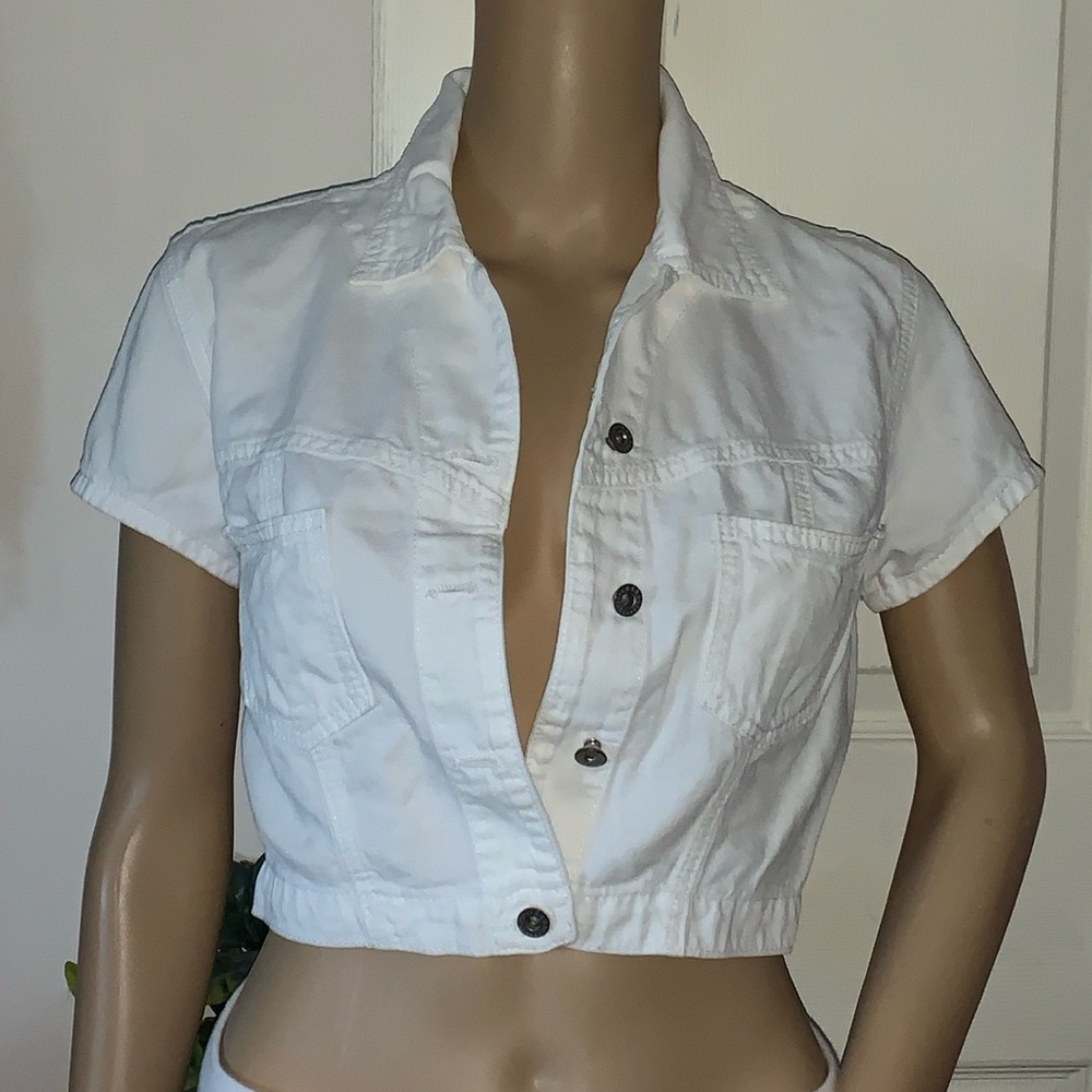 Vtg 90s Manager cap sleeve cropped white denim jacket top S